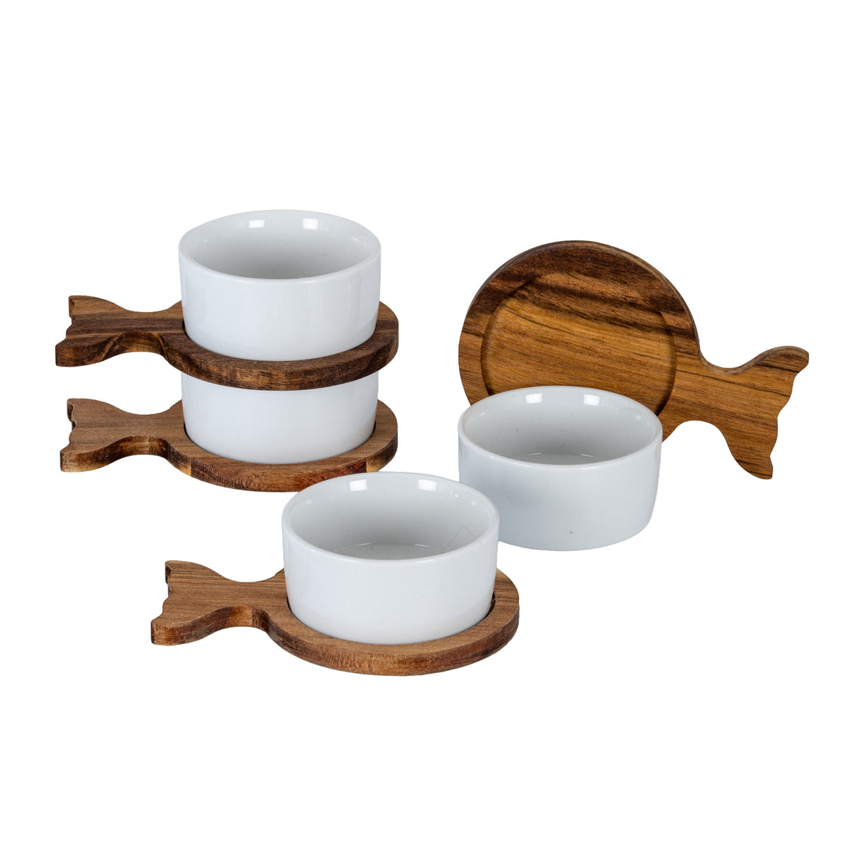 Set Of 4 Acacia Fishtail Serving Trays with Ceramic Bowls