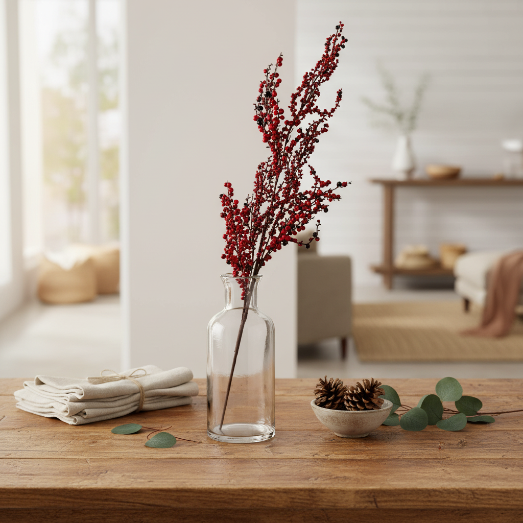 Medium Winter Branch Spray With Red Berries Artificial Flower Stem