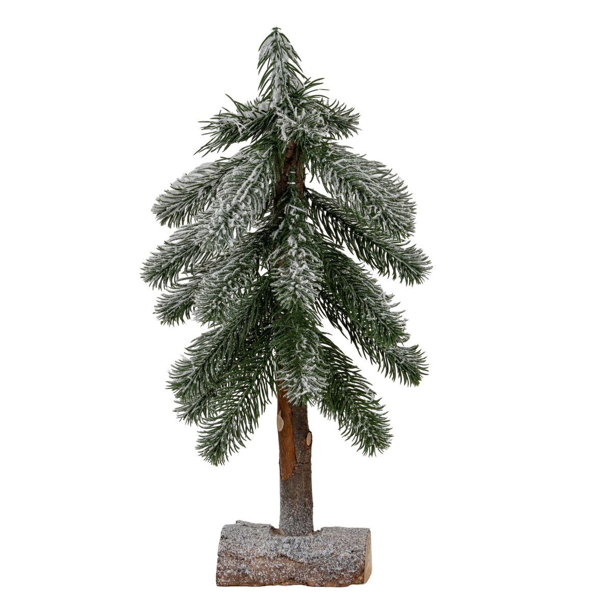 Small Snowy Pine Tree On Wooden Stand
