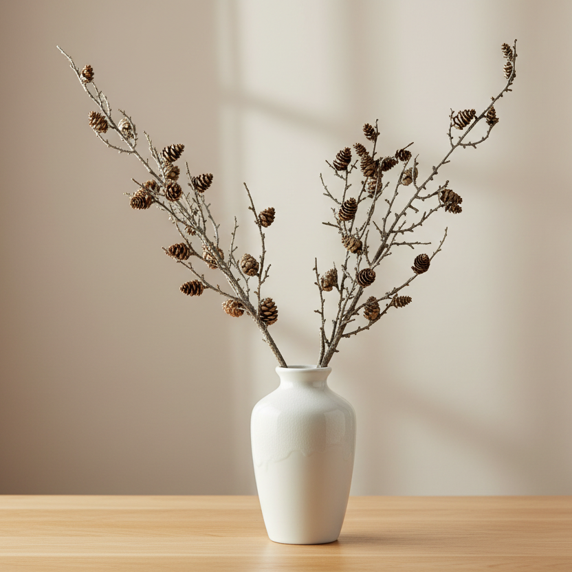 Snowy Winter Woodland Branch With Pinecones Artificial Flower Stem