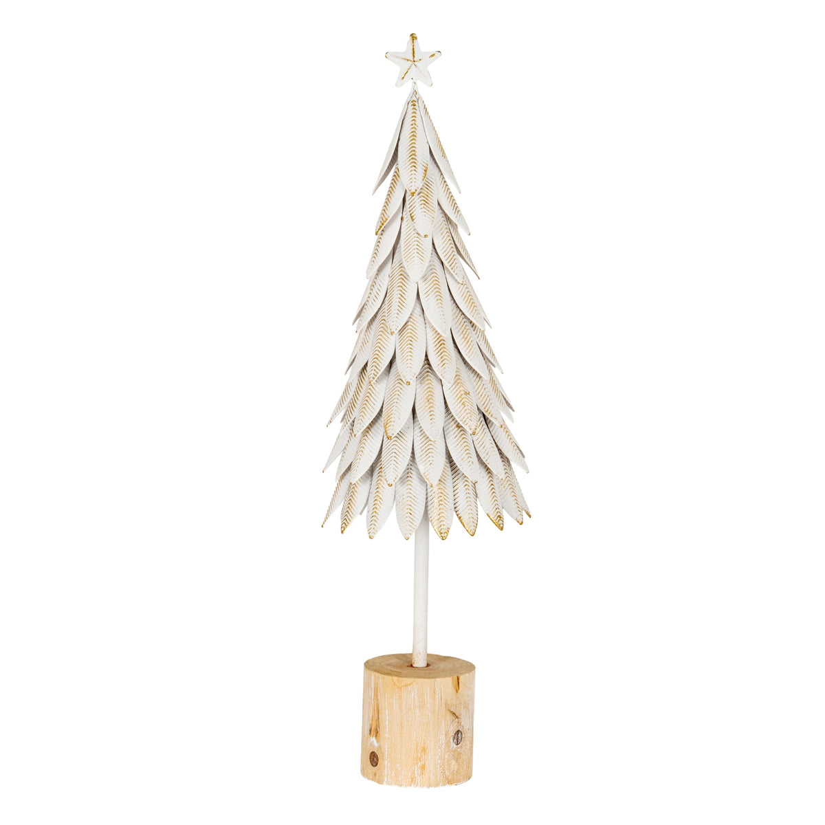 Large White Metal Christmas Tree on Wooden Stand