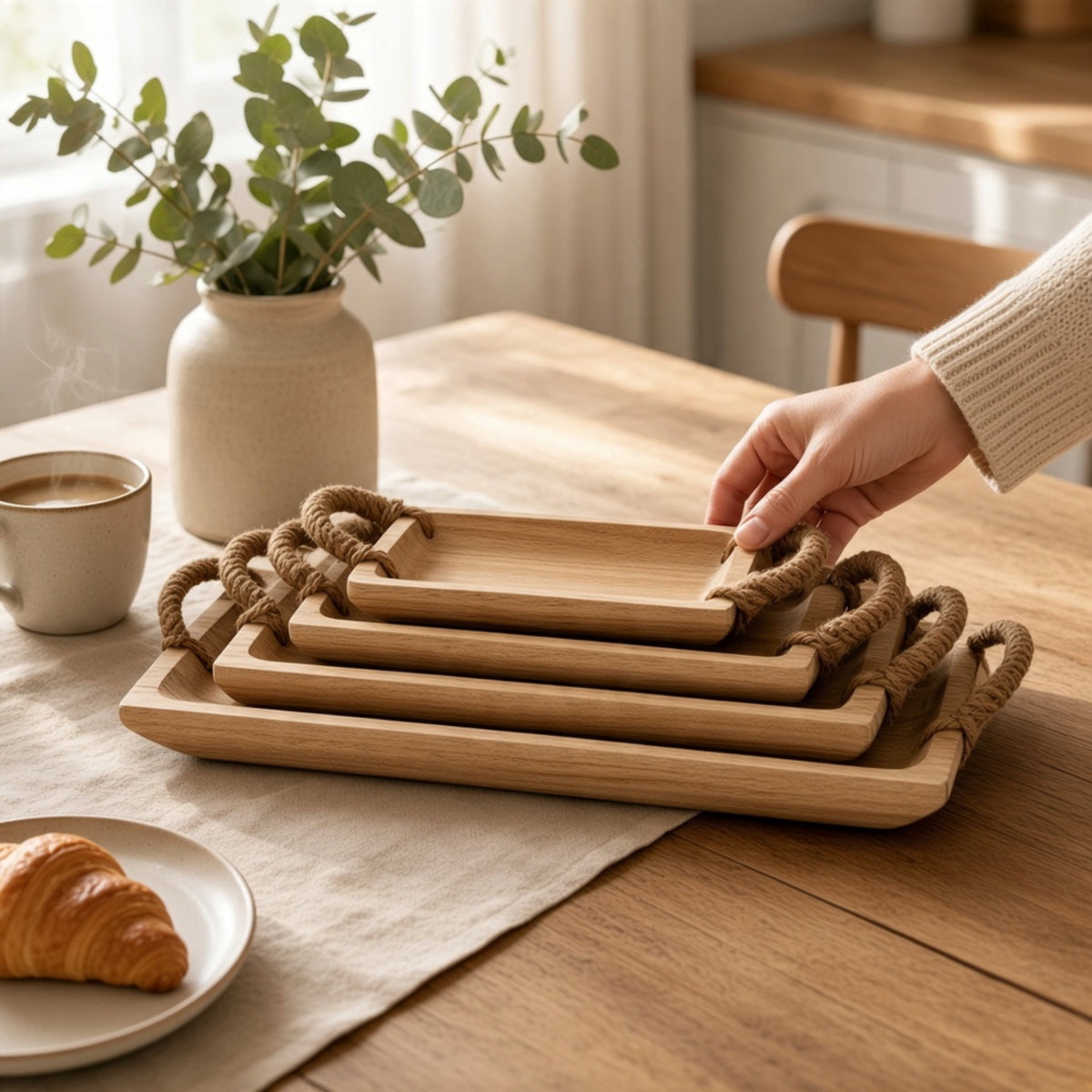 Set Of 4 Artisan Rectangular Trays With Rope Handles