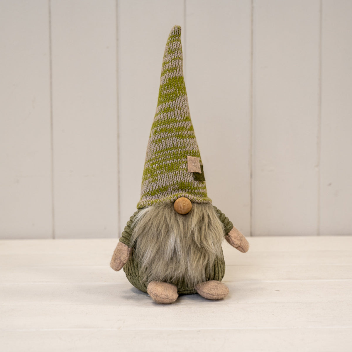 Green Fabric Christmas Gonk with Striped Hat and Beard