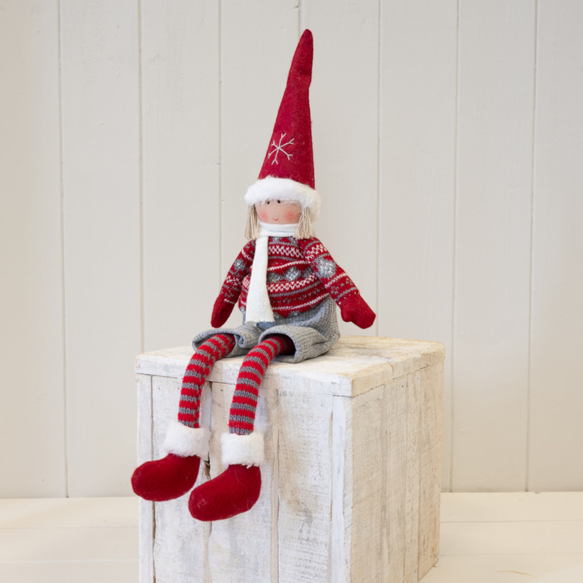 Red and Grey Fabric Boy Christmas Doll in Winter Sweater