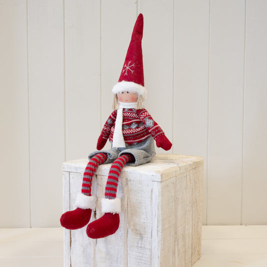 Red and Grey Fabric Boy Christmas Doll in Winter Sweater