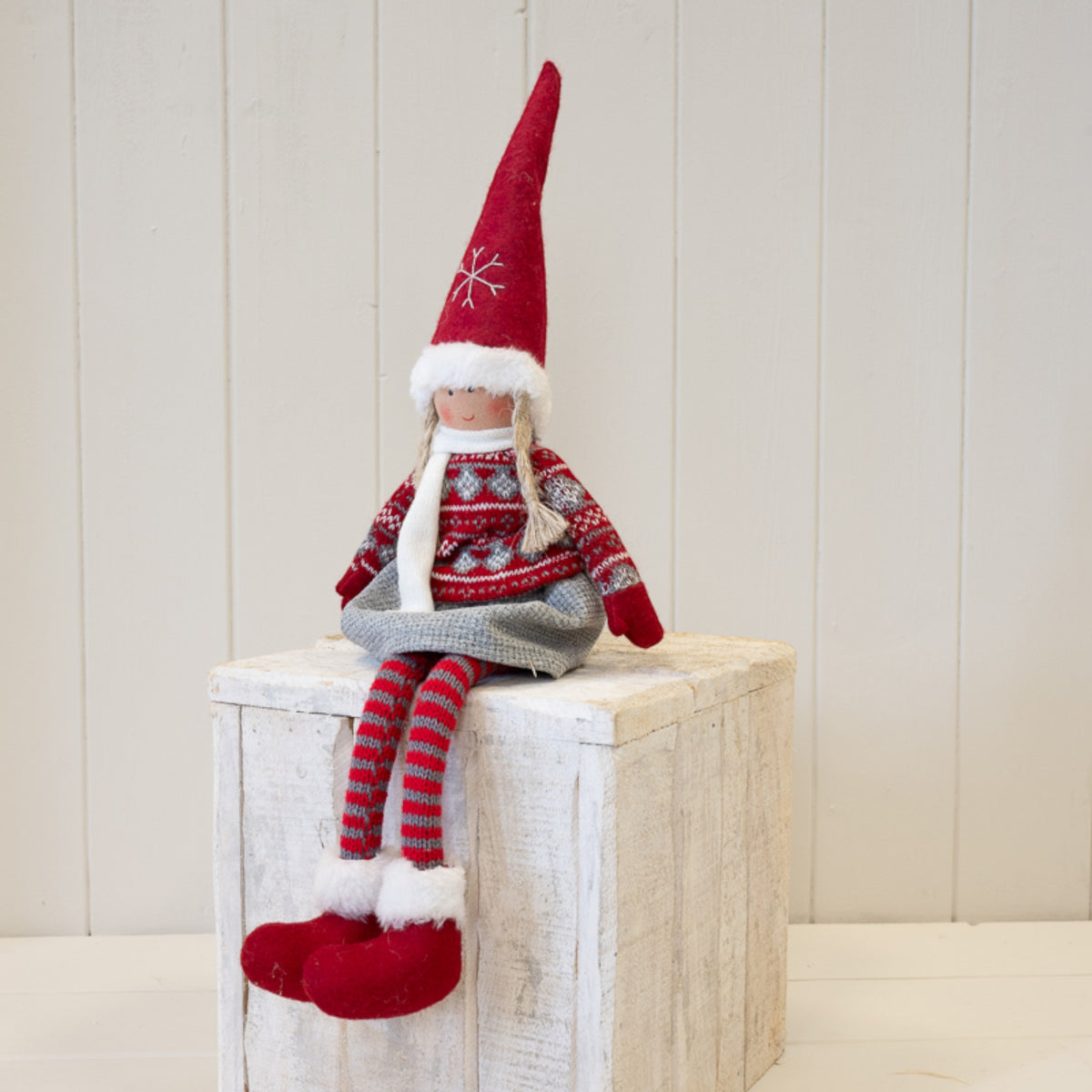 Red and Grey Fabric Girl Christmas Doll in Winter Sweater