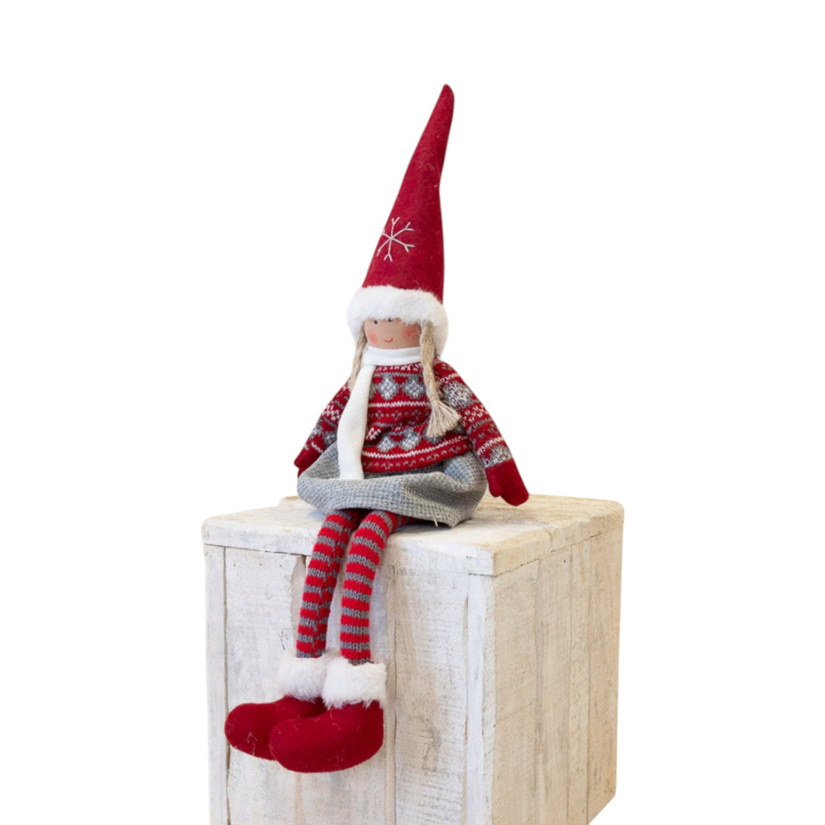Red and Grey Fabric Girl Christmas Doll in Winter Sweater