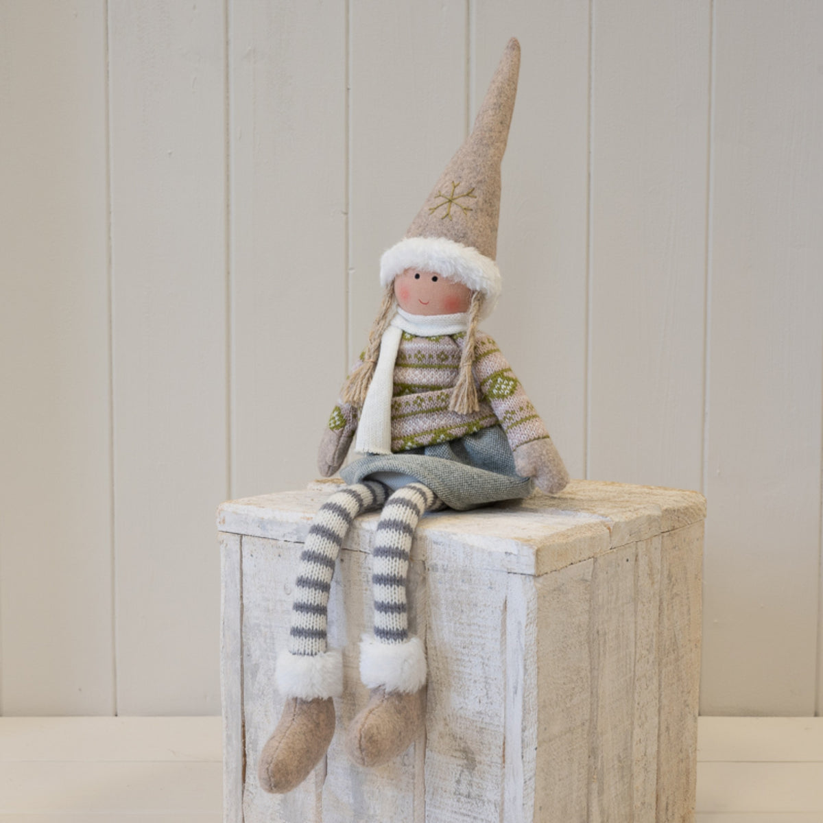 Natural and Grey Fabric Girl Christmas Doll in Winter Sweater