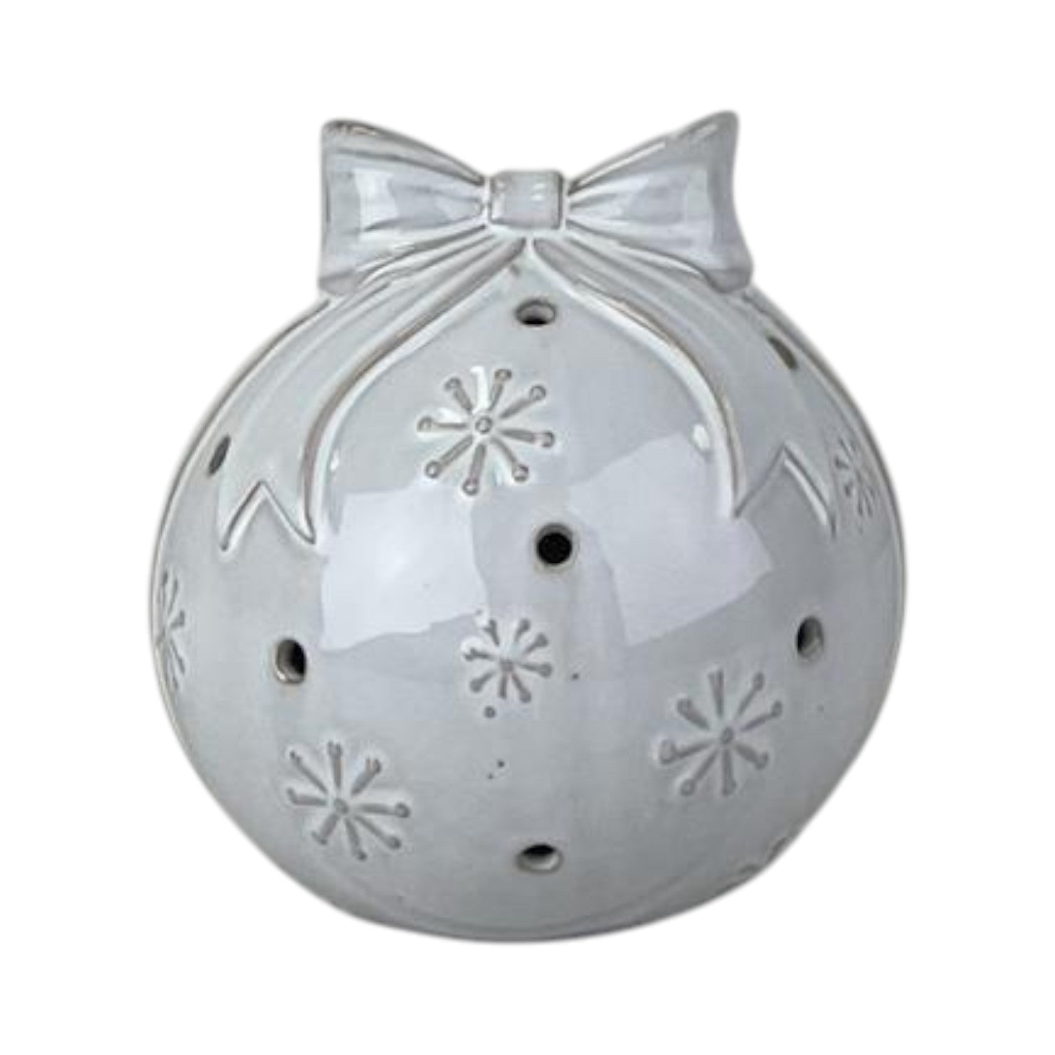 Glazed Ceramic Bauble with Bow Ornament with Textured Detail and LED