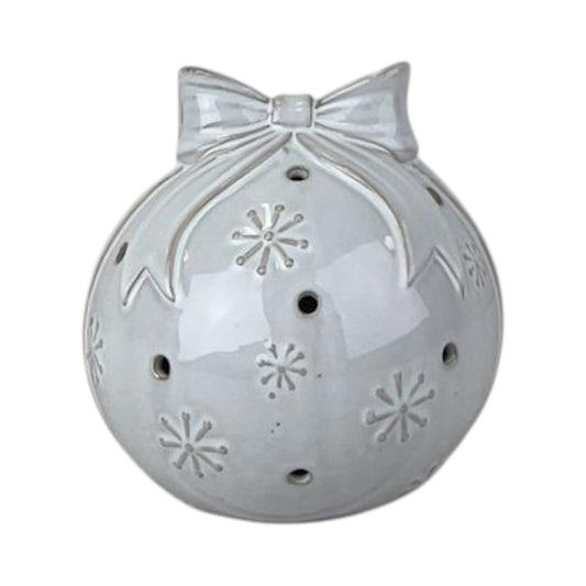 Glazed Ceramic Bauble with Bow Ornament with Textured Detail and LED