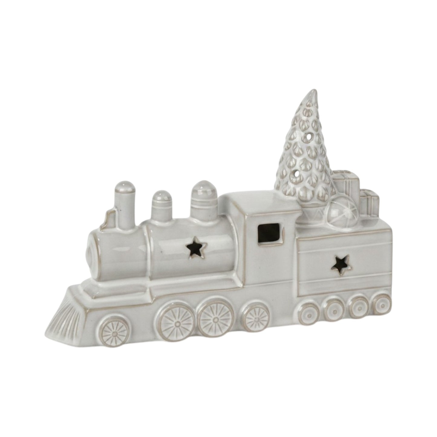 Glazed Ceramic Train Ornament with Textured Detail and LED