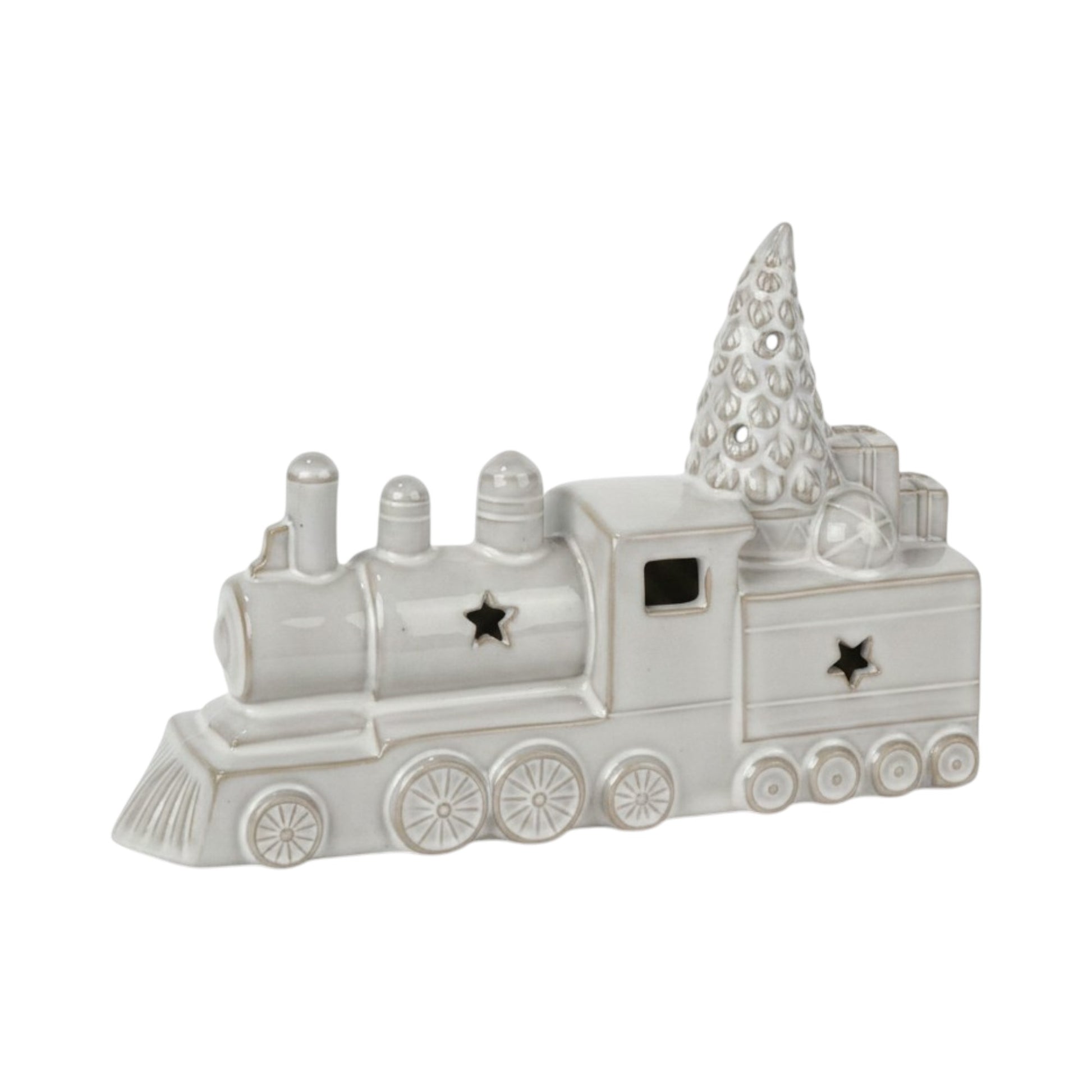 Glazed Ceramic Train Ornament with Textured Detail and LED