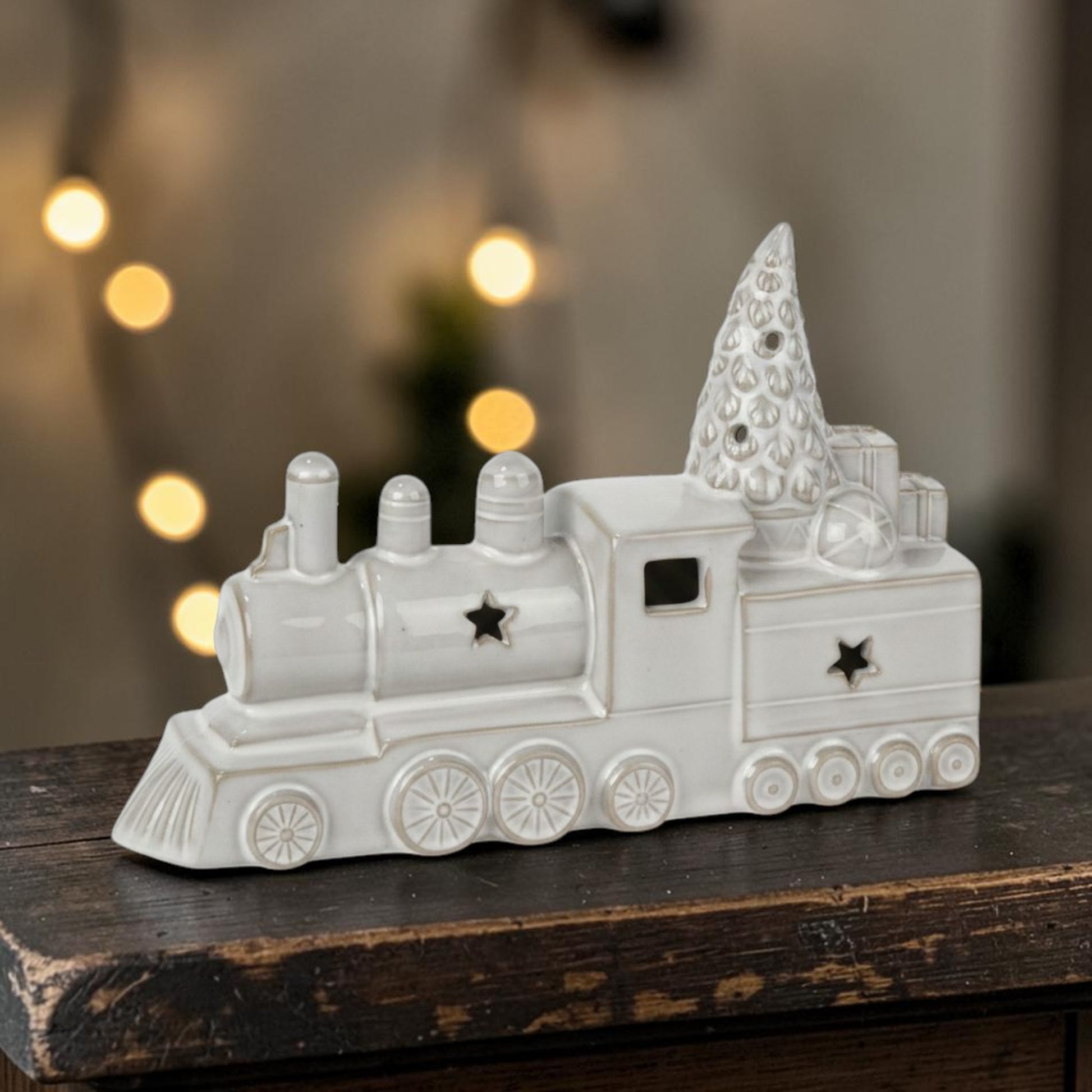 Glazed Ceramic Train Ornament with Textured Detail and LED