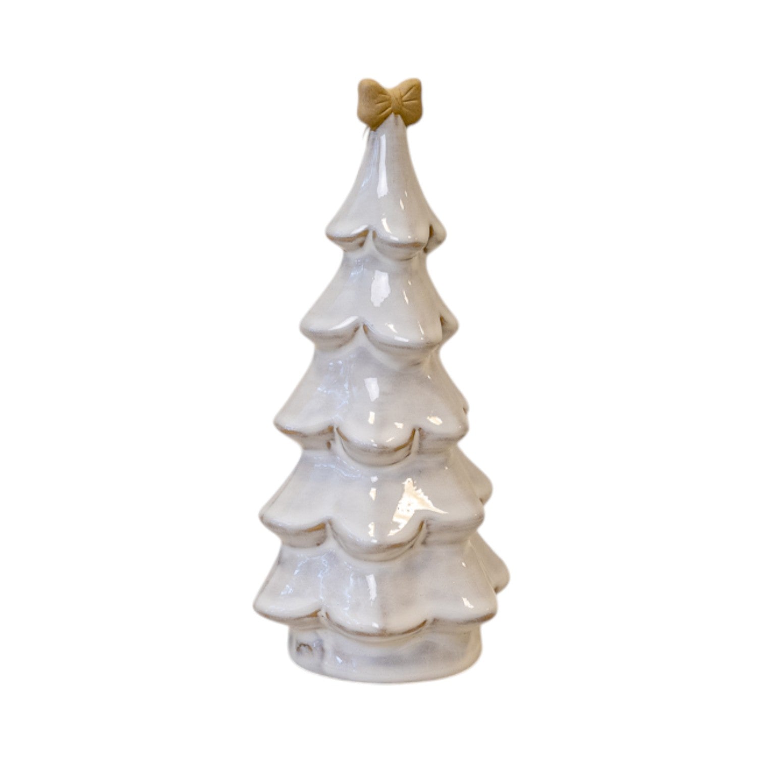 Medium Stone Glazed Ceramic Christmas Tree with Cream Bow on Top