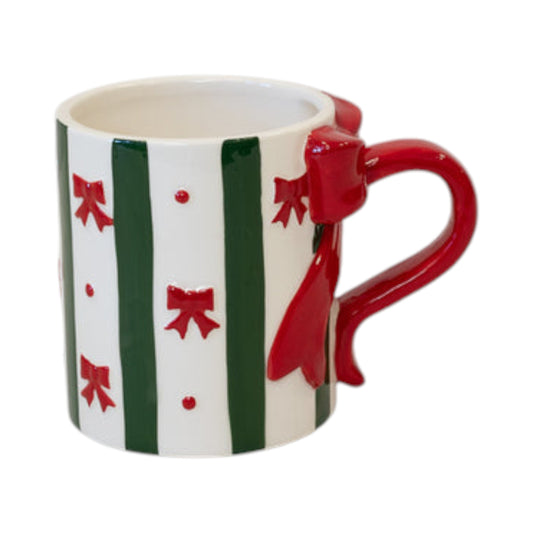Red Bow and Green Striped Mug Christmas Decoration