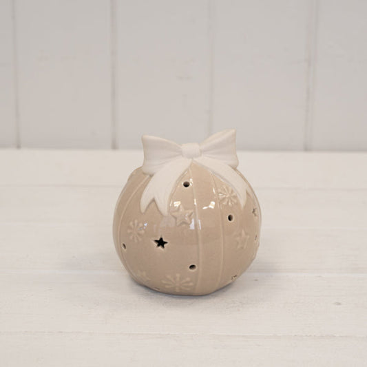 Beige LED Bauble with Bow Christmas Decoration