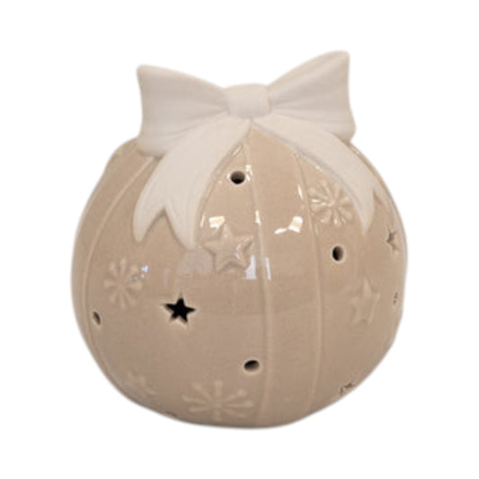 Beige LED Bauble with Bow Christmas Decoration