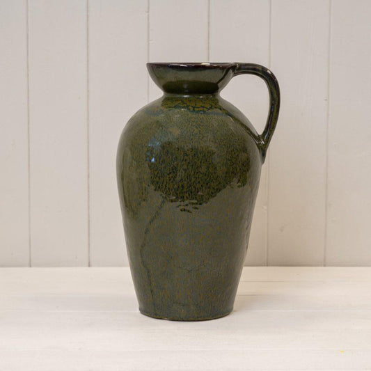 Tall Green Ceramic Vase with Decorative Handle