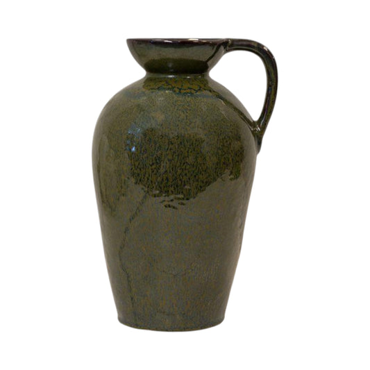 Tall Green Ceramic Vase with Decorative Handle