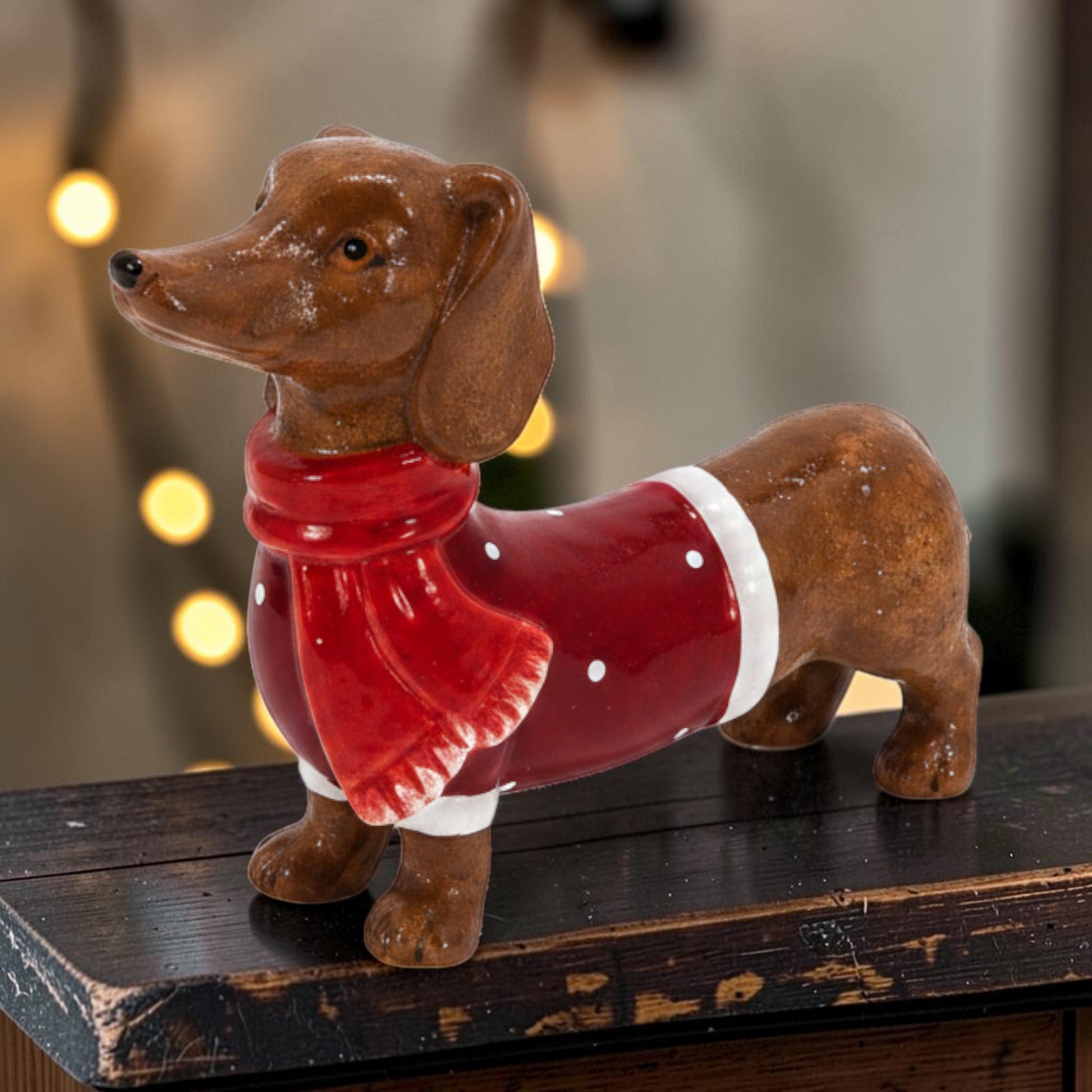 Ceramic Sausage Dog with Christmas Sweater and Scarf Large