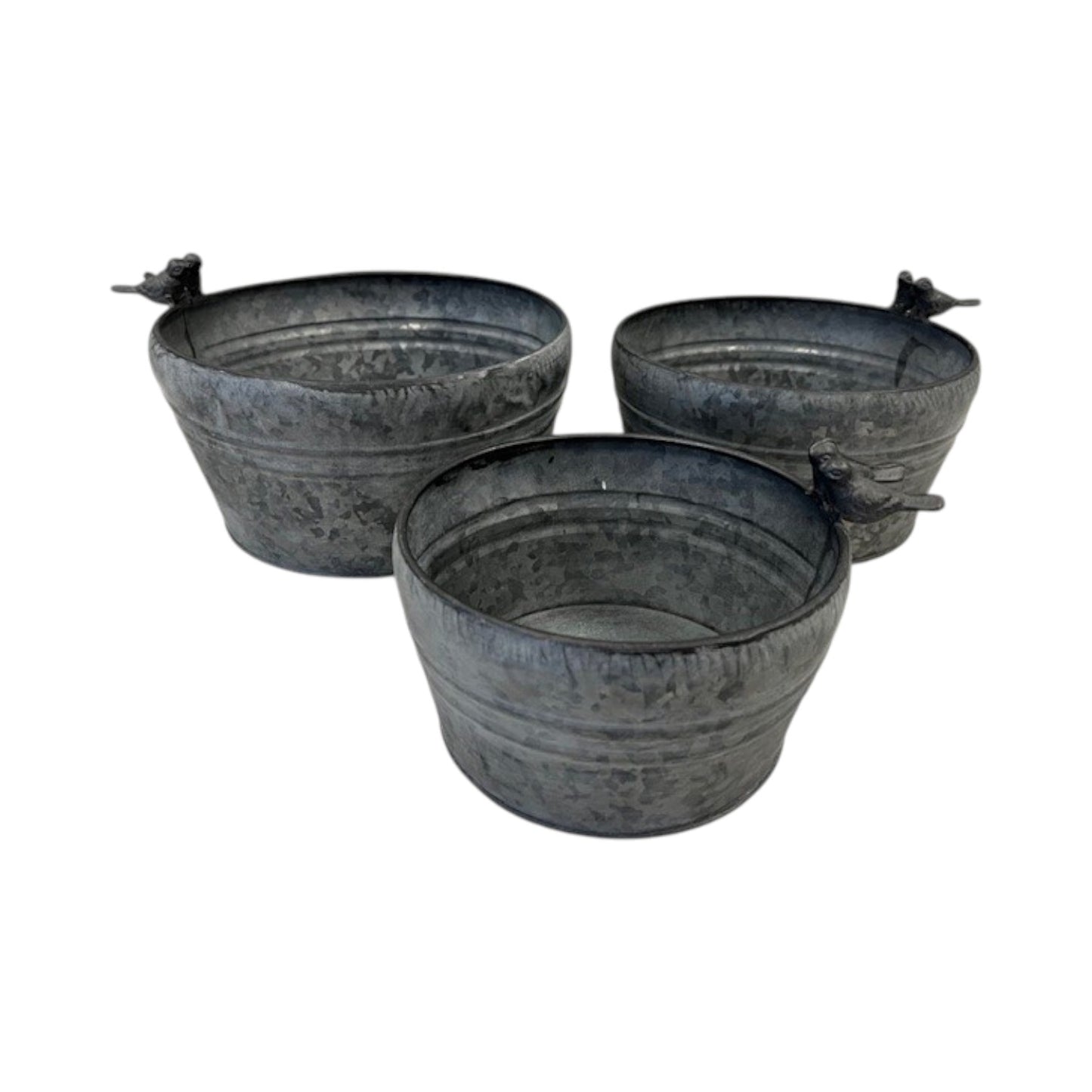 Set of Three Dark Round Planters with Bird
