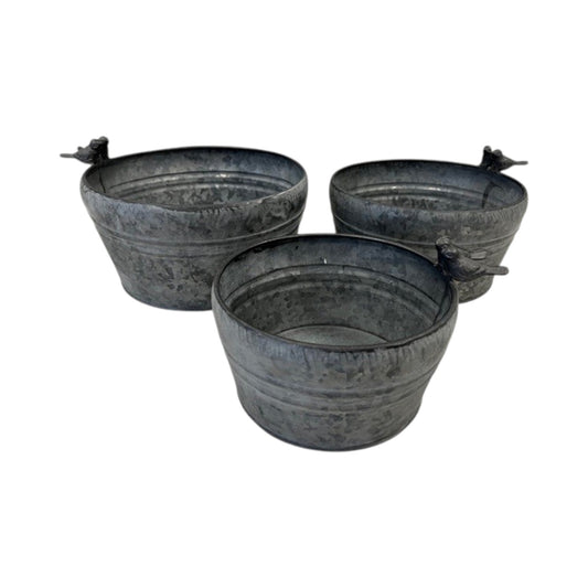 Set of Three Dark Round Planters with Bird