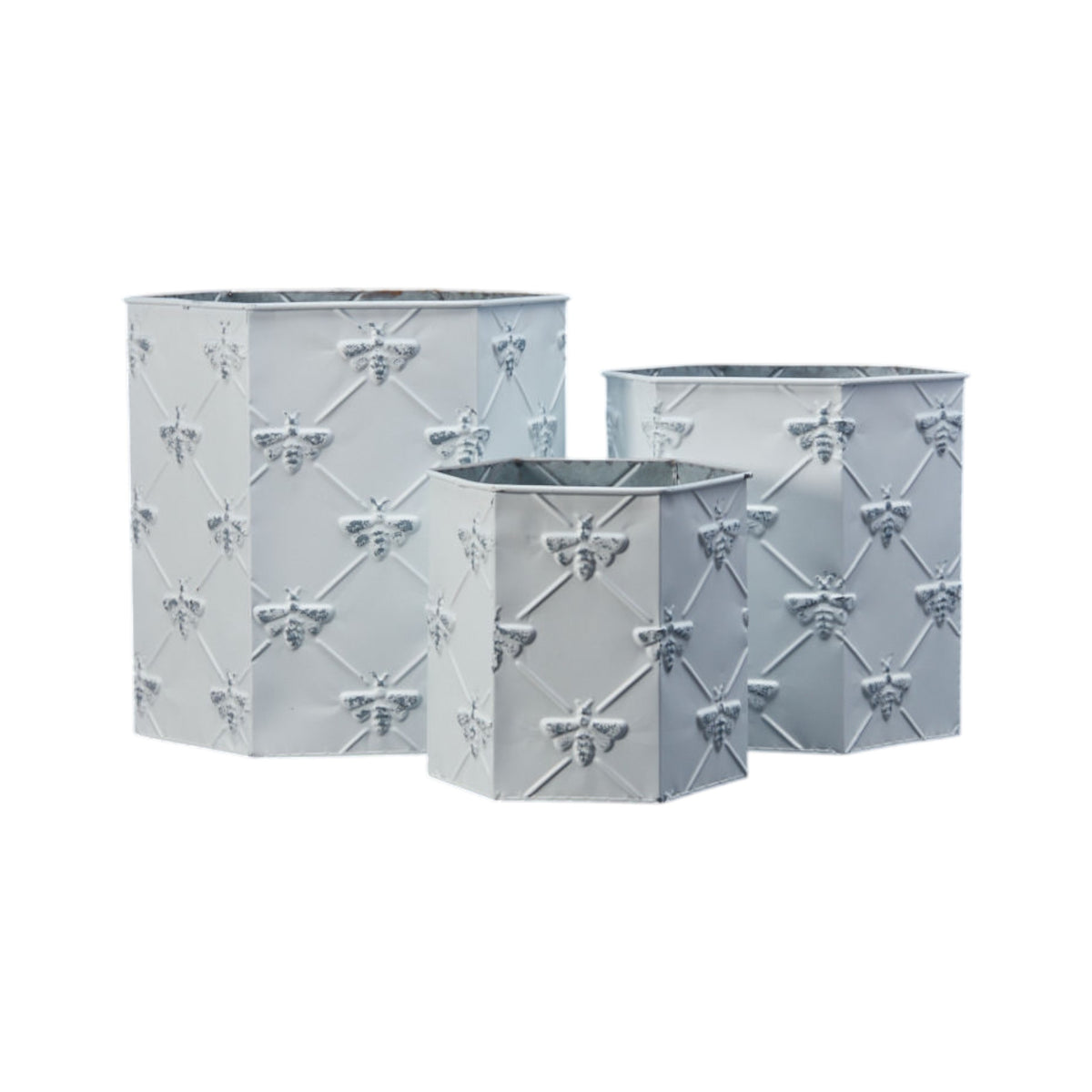 Set of 3 White Hexagonal Bee Zinc Planters