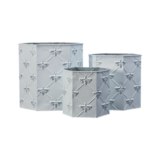 Set of 3 White Hexagonal Bee Zinc Planters