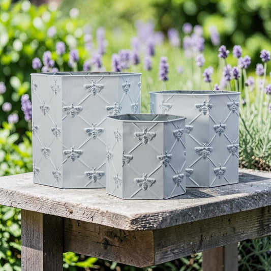 Set of 3 White Hexagonal Bee Zinc Planters