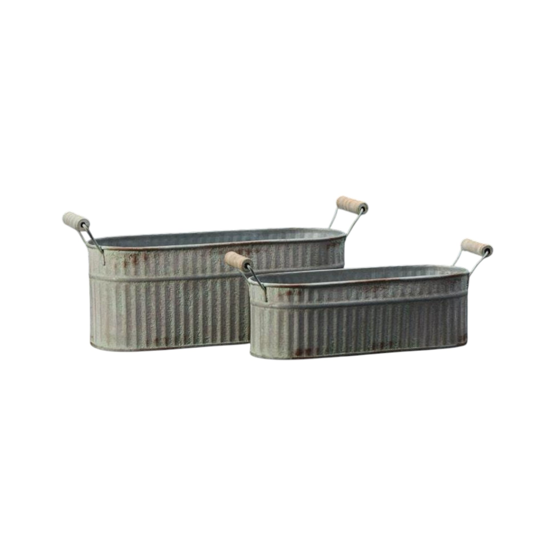 Set of Two Vintage Whitewashed Oval Zinc Troughs
