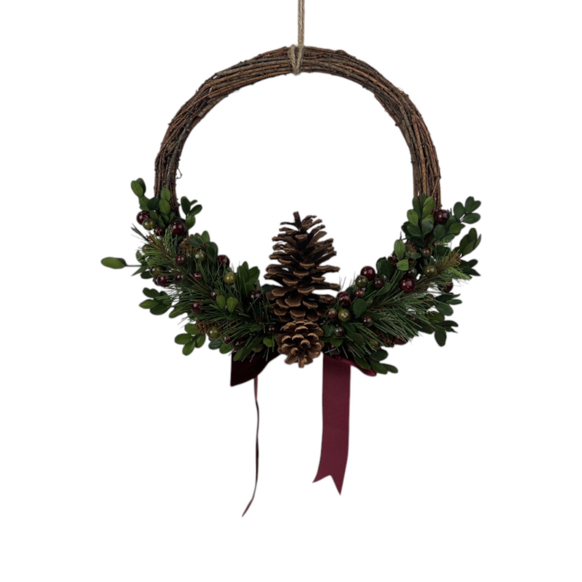 Rattan Pinecone and Berry Wreath with Bow 36cm