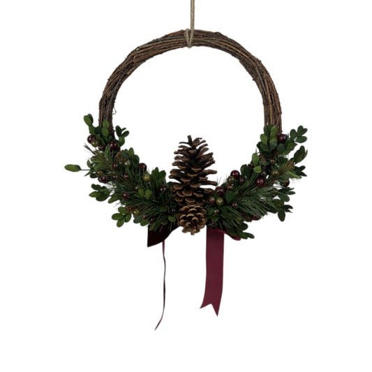 Rattan Pinecone and Berry Wreath with Bow 36cm
