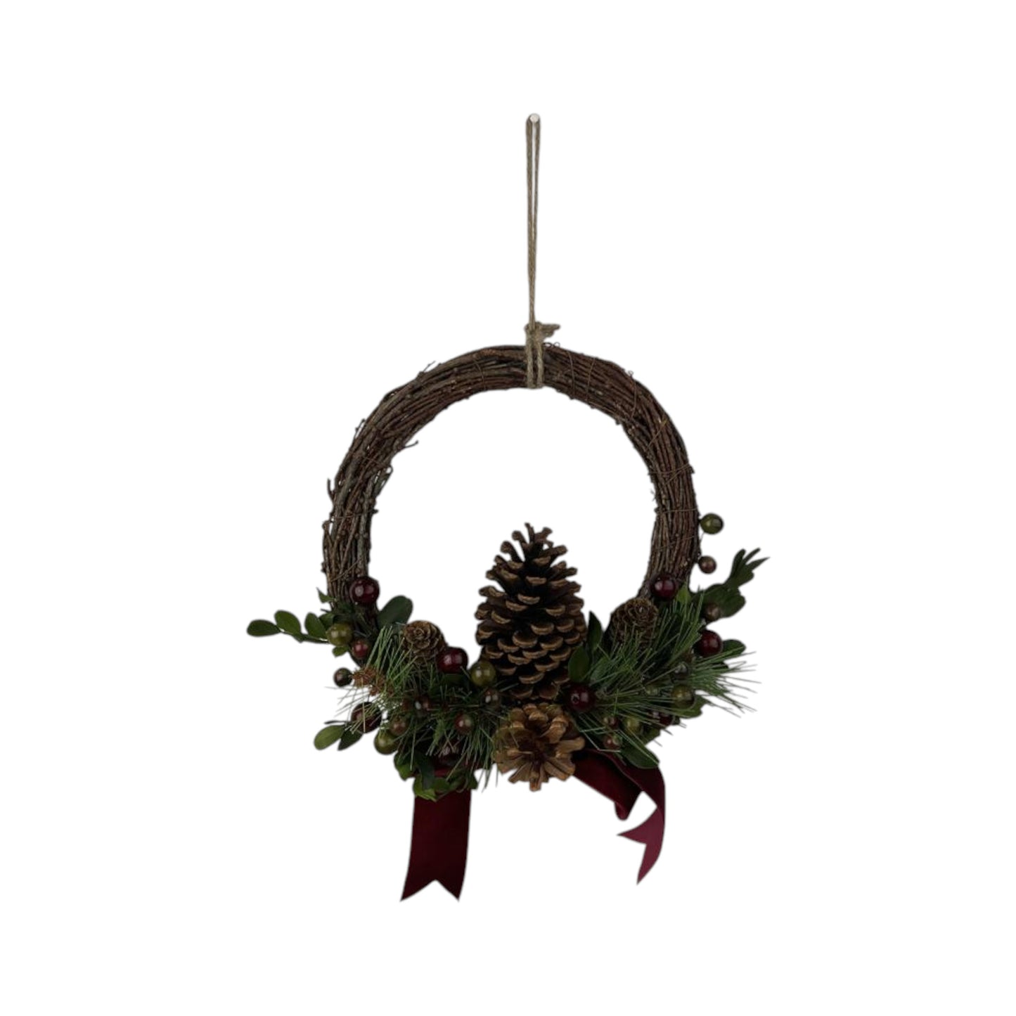 Rattan Pinecone and Berry Wreath with Bow 24cm