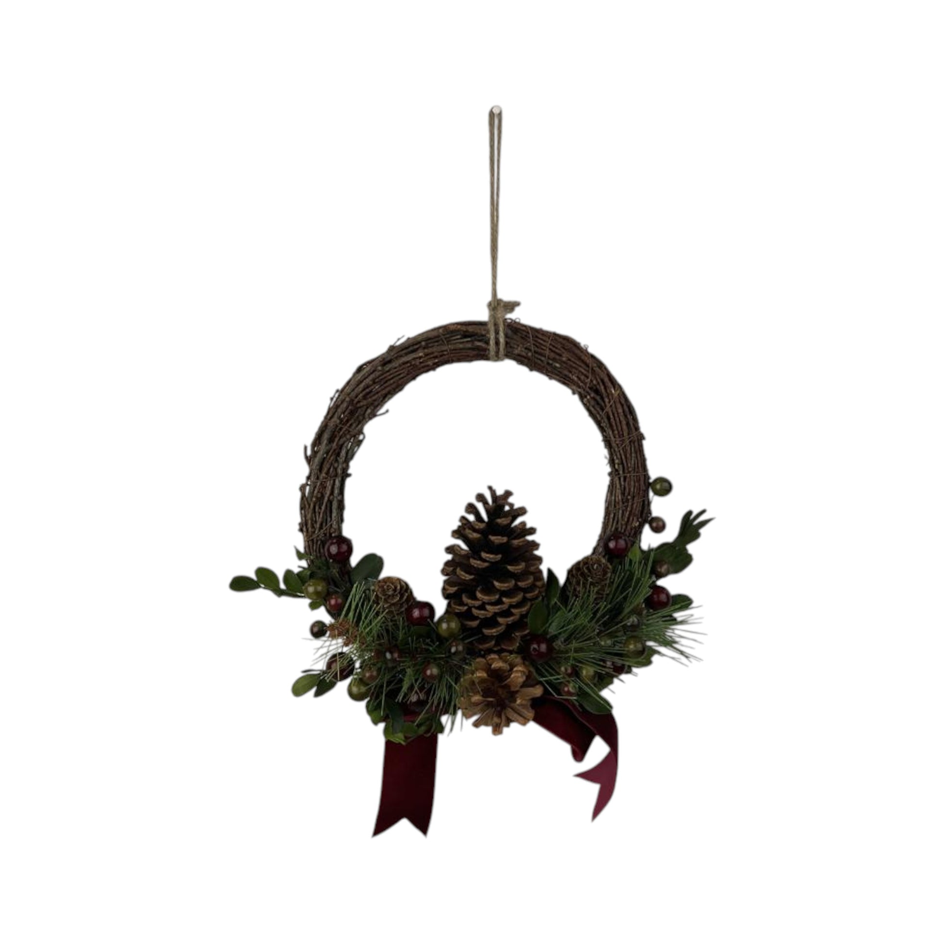 Rattan Pinecone and Berry Wreath with Bow 24cm
