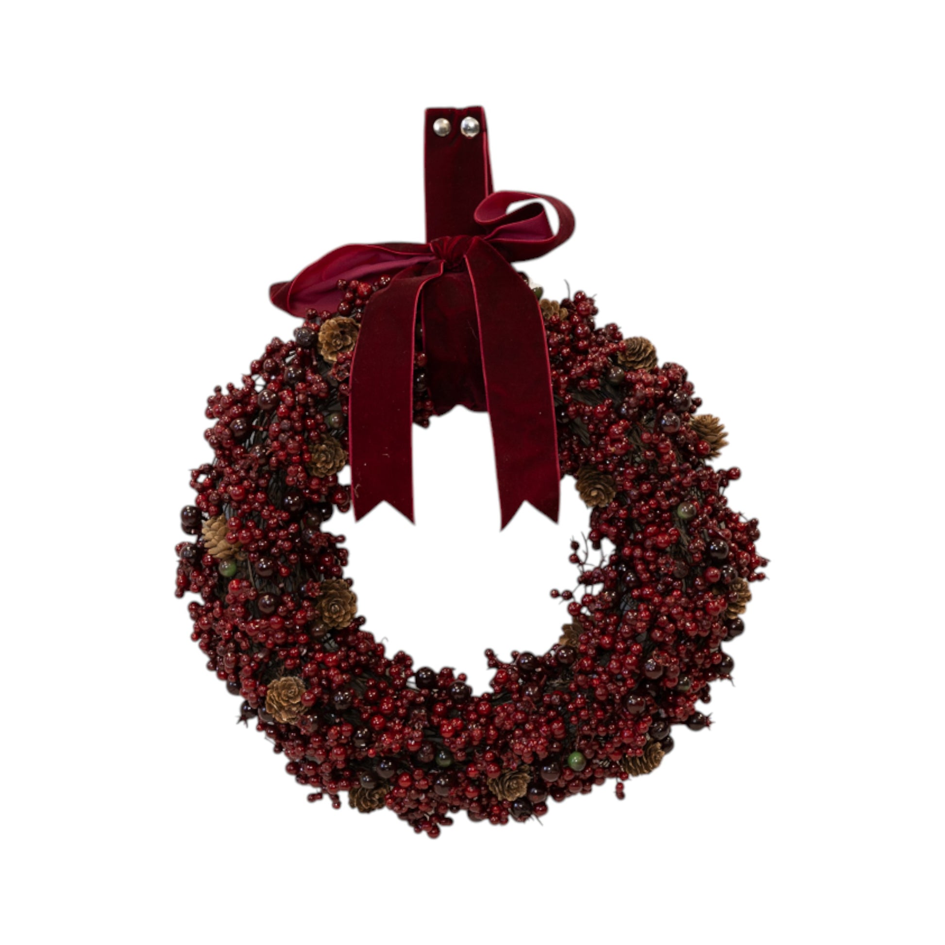 Luxury Burgundy Berry and Pinecone Wreath with Velvet Bow Medium