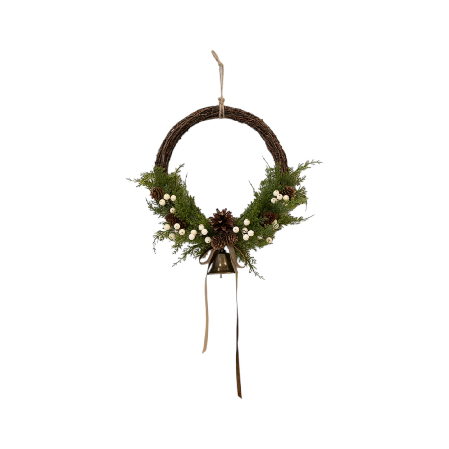 Twig Wreath with White Berries, Pinecones, Bells and Bow Large