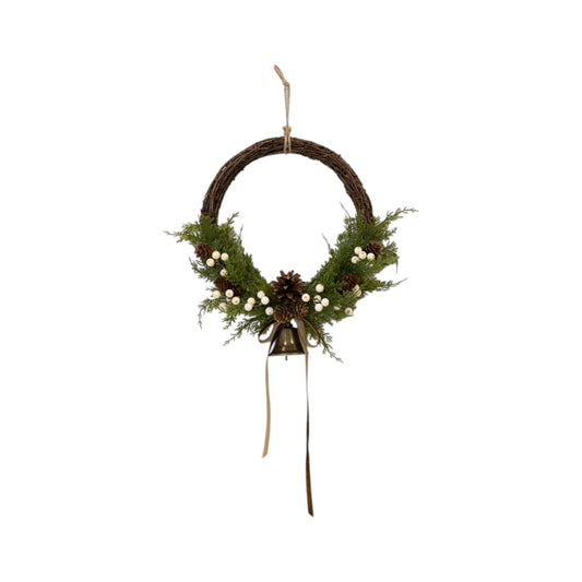 Twig Wreath with White Berries, Pinecones, Bells and Bow Medium
