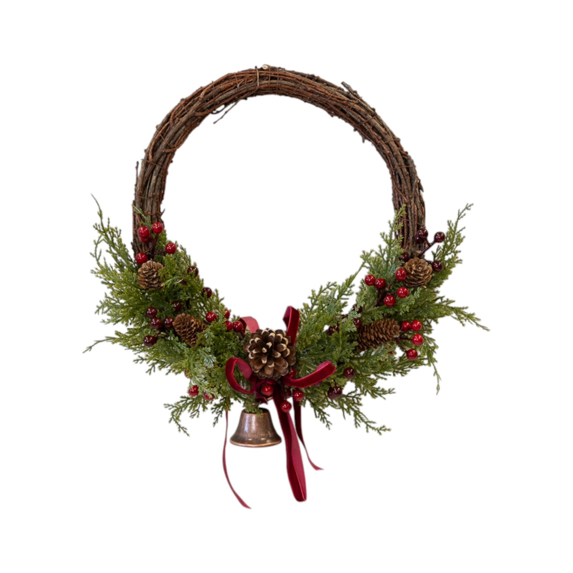 Twig Wreath with Red Berries, Pinecones, Bells and Bow Large