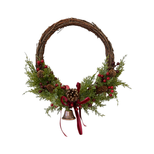 Twig Wreath with Red Berries, Pinecones, Bells and Bow Large
