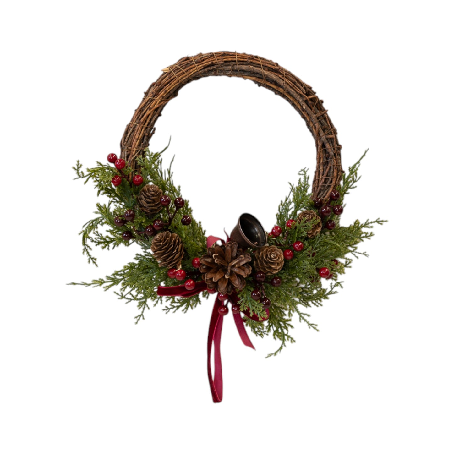 Twig Wreath with Red Berries, Pinecones, Bells and Bow Medium
