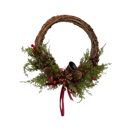 Twig Wreath with Red Berries, Pinecones, Bells and Bow Medium