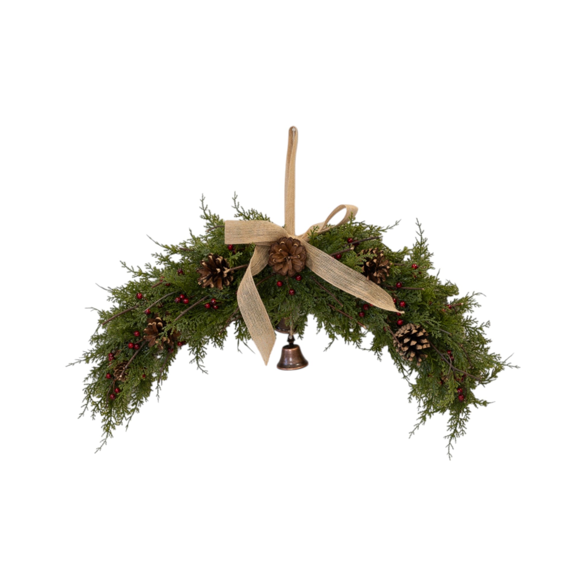 Arc Wreath with Branches, Berries, Pine, Pinecones, Bells and Bow