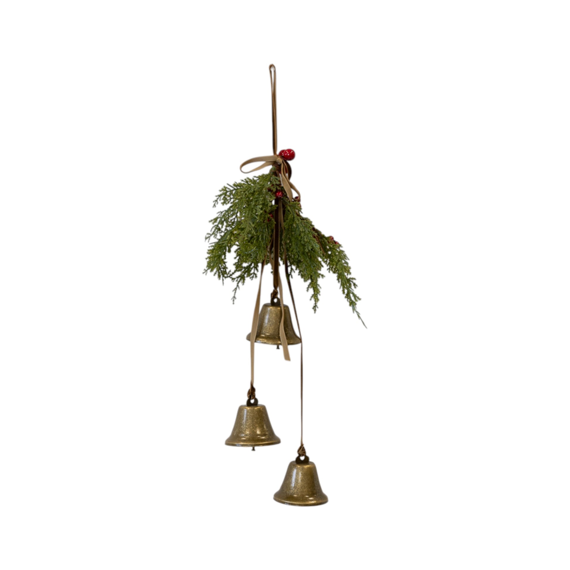 Hanging Bells with Greenery and Red Berries