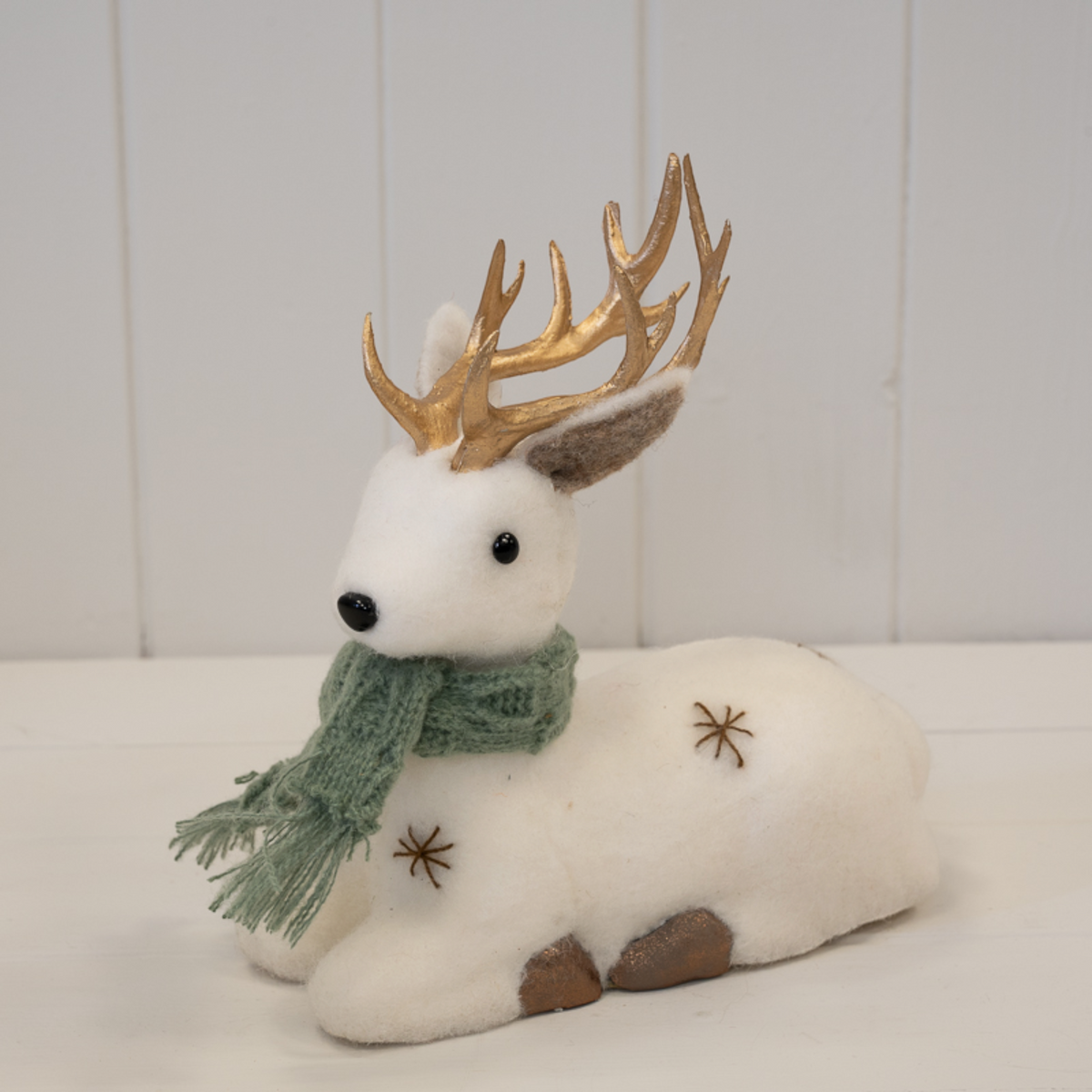 Sage and White Felt Lying Deer Christmas Ornament with Scarf