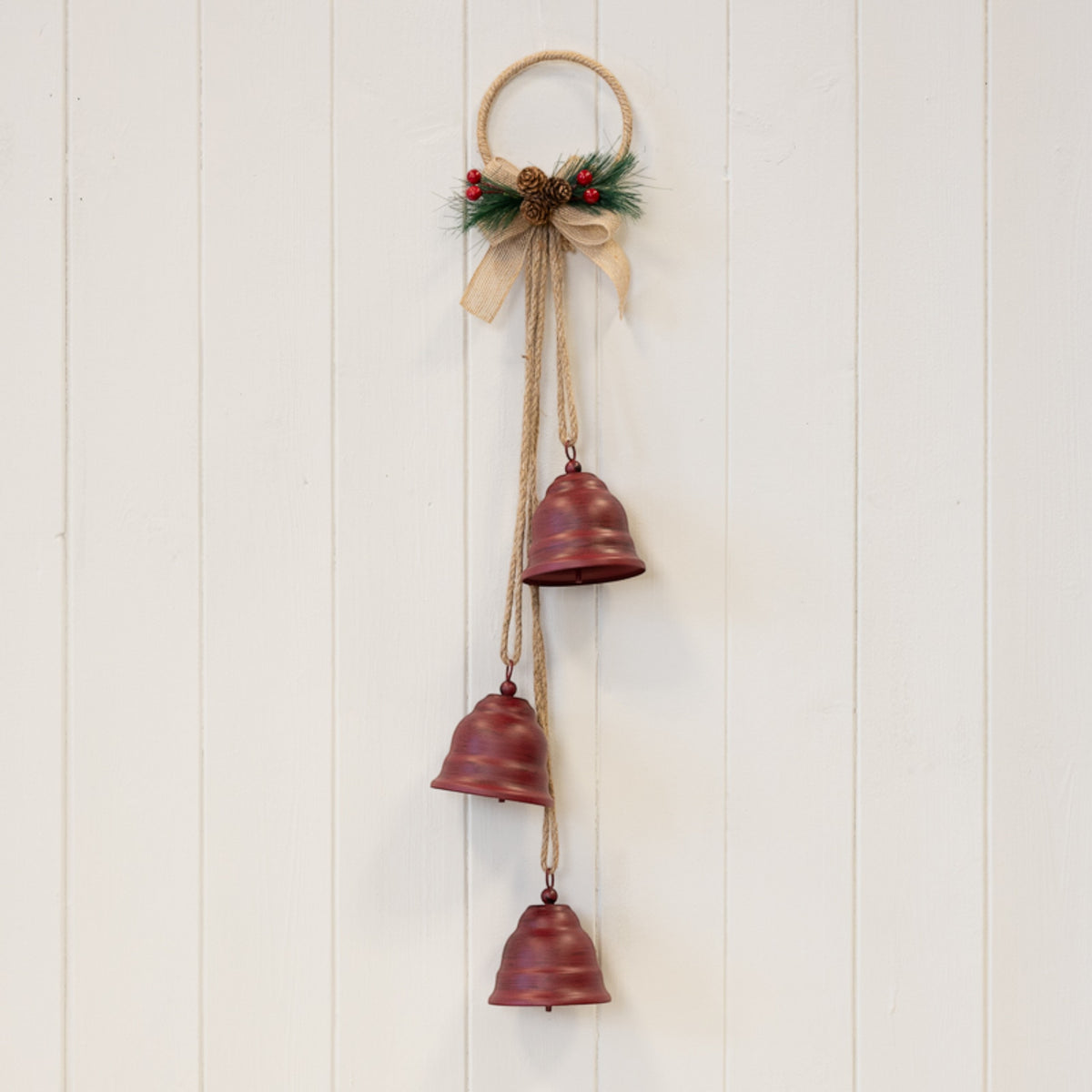 Hanging Trio of Red Christmas Bells on Decorative Hoop