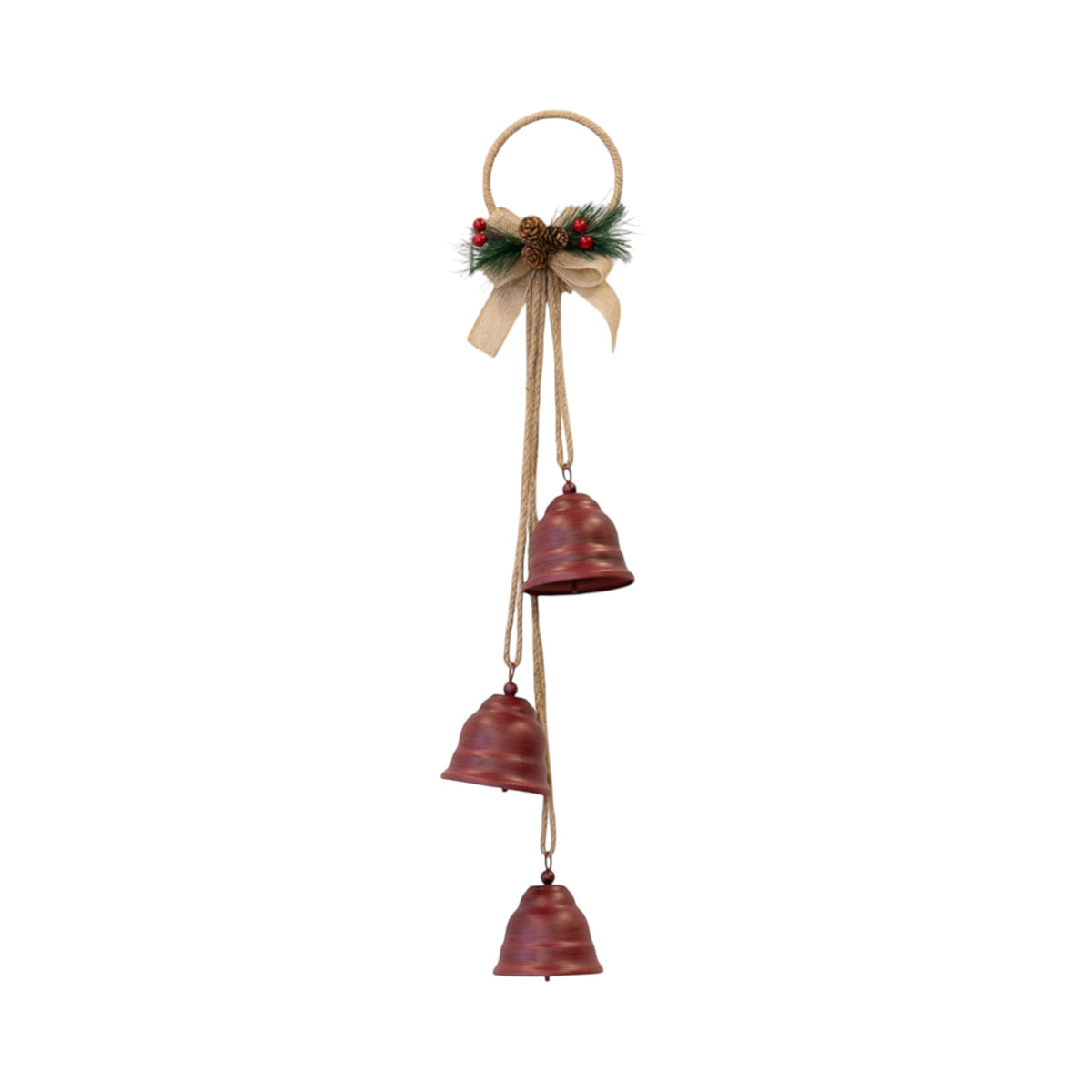 Hanging Trio of Red Christmas Bells on Decorative Hoop