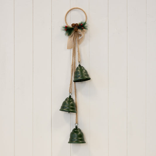 Hanging Trio of Green Christmas Bells on Decorative Hoop