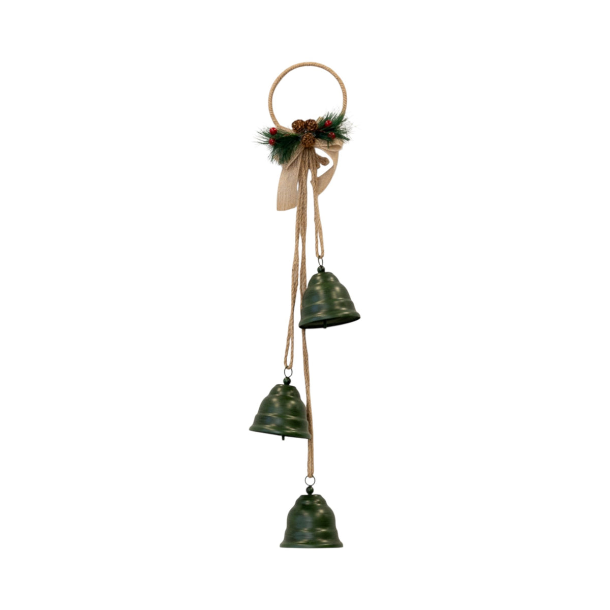 Hanging Trio of Green Christmas Bells on Decorative Hoop