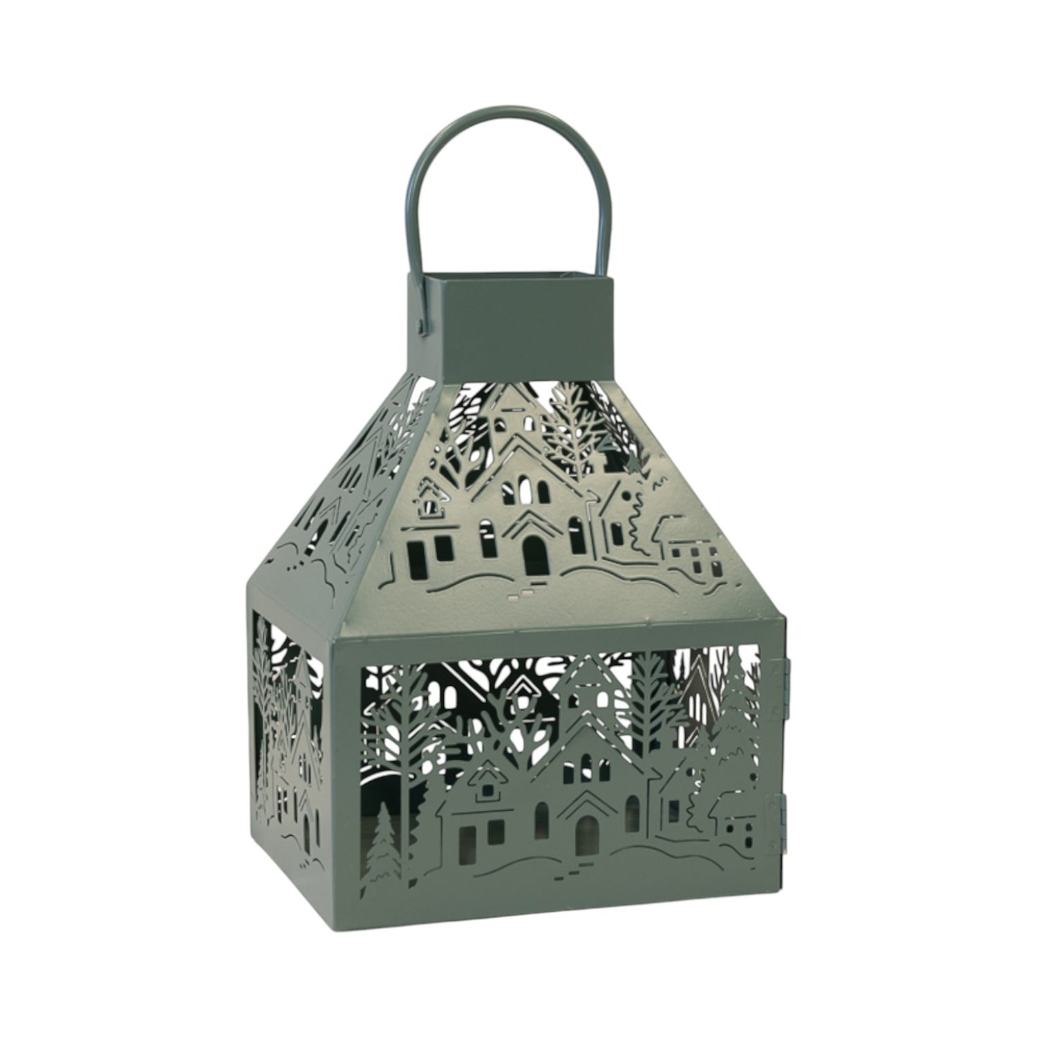 Metal Lantern with Cutout Christmas scene Dark Sage Green