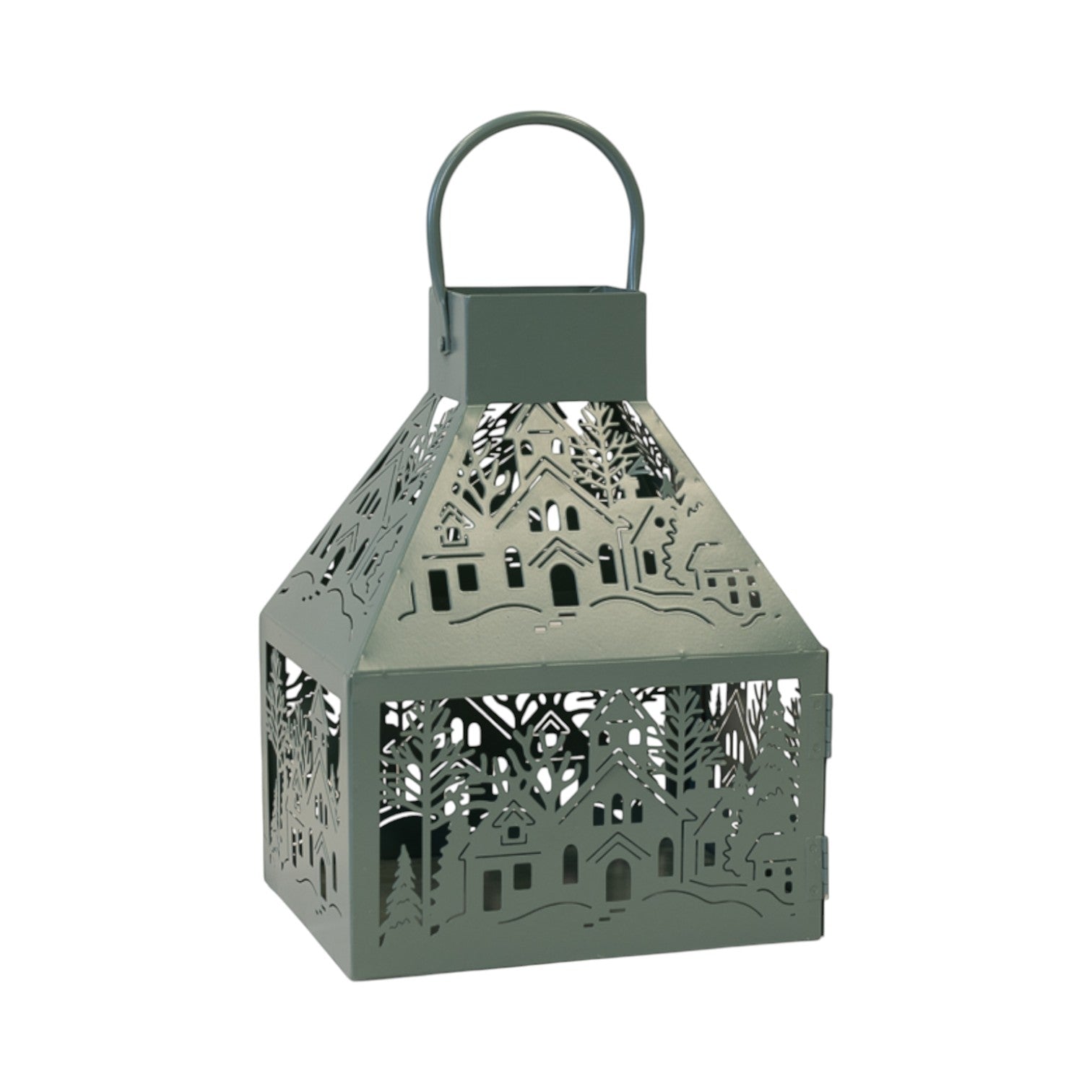 Metal Lantern with Cutout Christmas scene Dark Sage Green